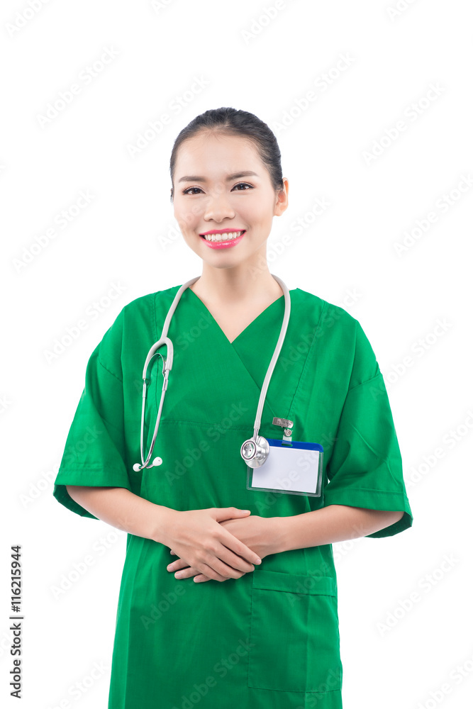 Smiling medical woman doctor. Isolated over white background Smiling medical woman doctor. Isolated over white background