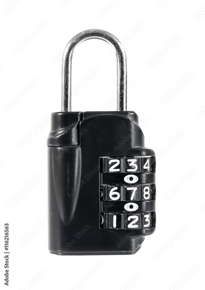 Closeup of black combination padlock isolated on white backgroun Closeup of black combination padlock isolated on white backgroun