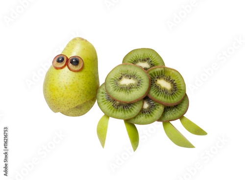 Funny turtle made of kiwi and pear on clear background