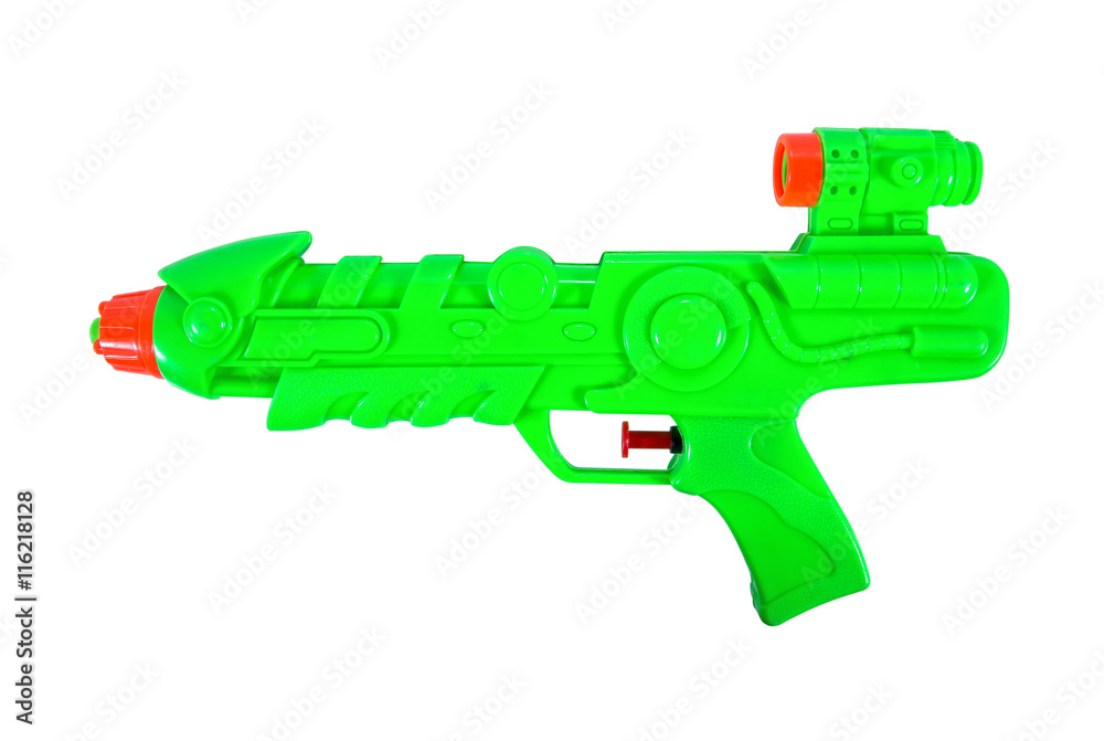 Green plastic water gun isolated on white background Green plastic water gun isolated on white background