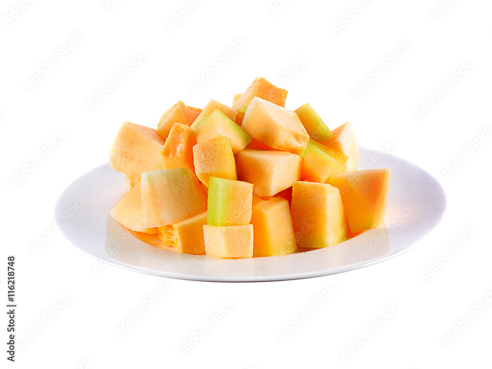 Melon slices in plate  on white background