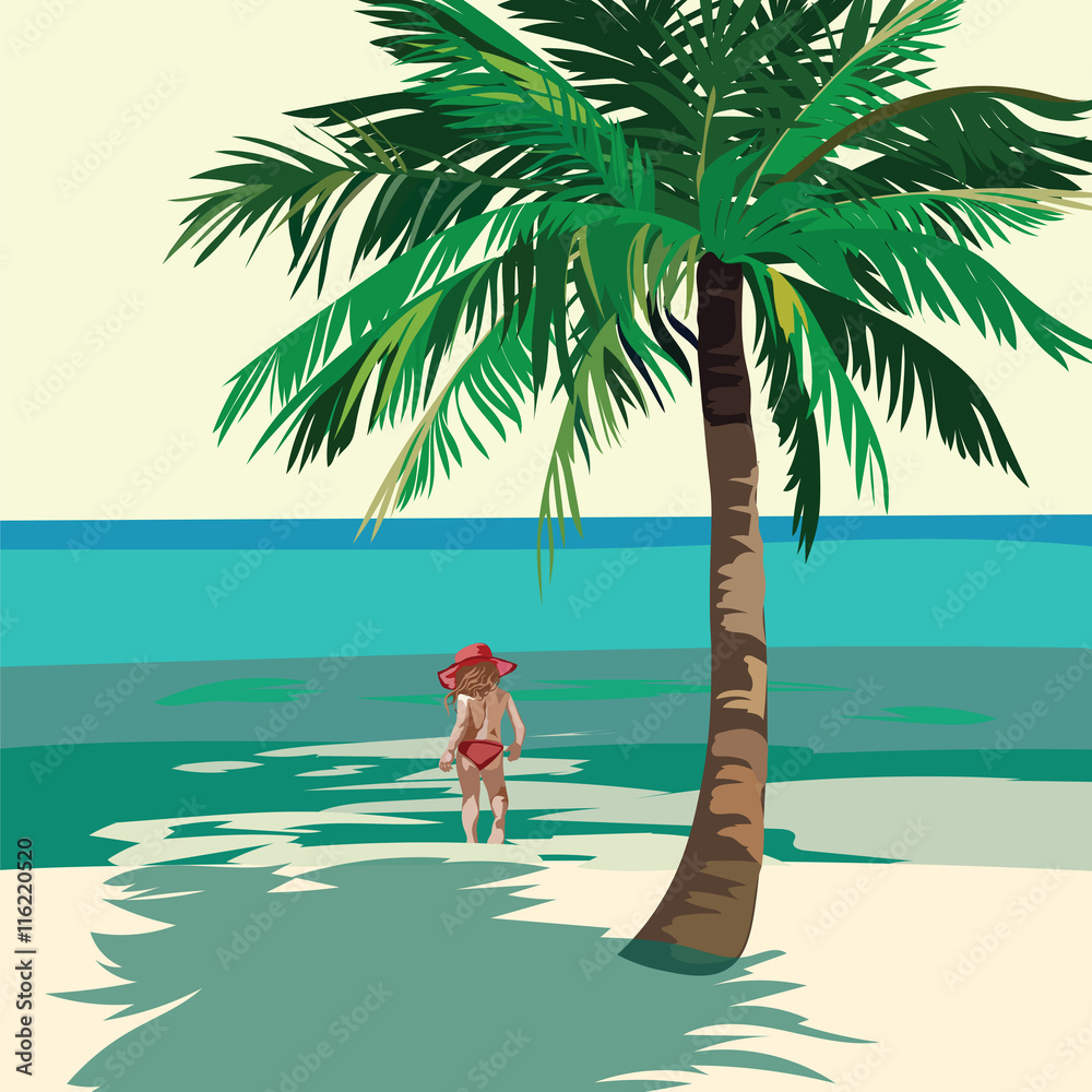 Little Girl playing at the beach. Kid running on the beach. Vector illustration  in Watercolor