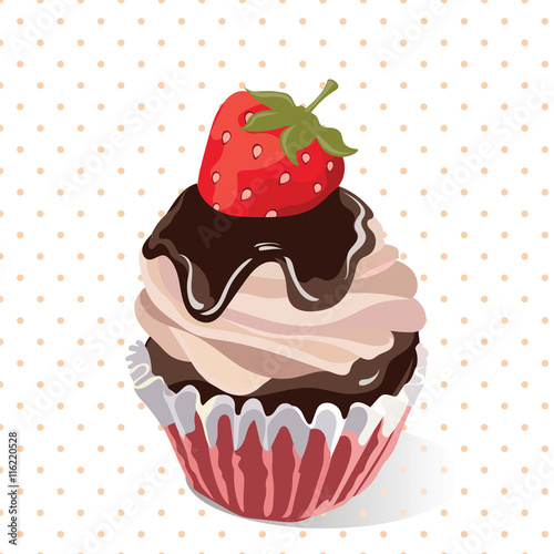 Delicious Strawberry and chocolate Cupcakes on Retro dotted pattern Vector