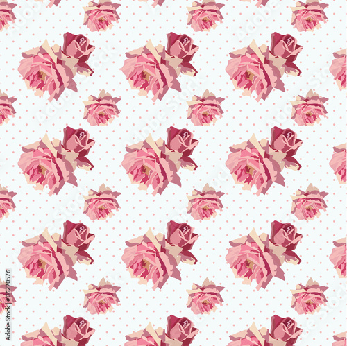 Watercolor Delicate Roses pattern. Vector rose flower pattern on dotted background. Rose quartz color