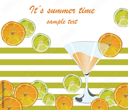 Cocktail glass and orange fruits splash. Summer Time card with Juicy Orange a...