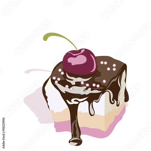 Piece of chocolate cake. Vector cake slice isolated. Delicious cake with Melt...