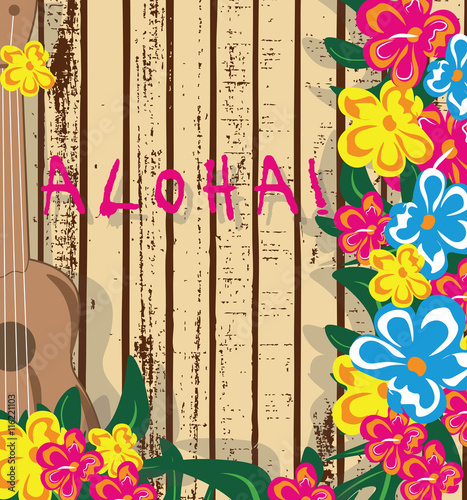Summer Hawaii Card. Vector guitar and Tropic Flowers on wood texture. Holiday...