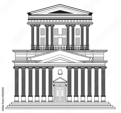 Vector architectural facade. Wire frame blueprint drawing of classic building...