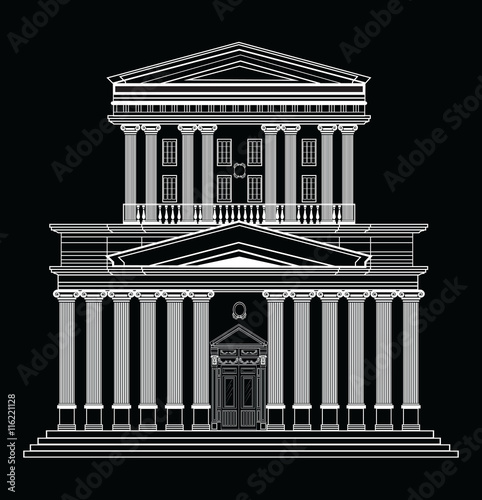 Vector architectural facade. Wire frame blueprint drawing of classic building...