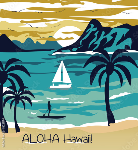 Summer beach with Palm trees Hawaii Card. Vector Holiday Summer background