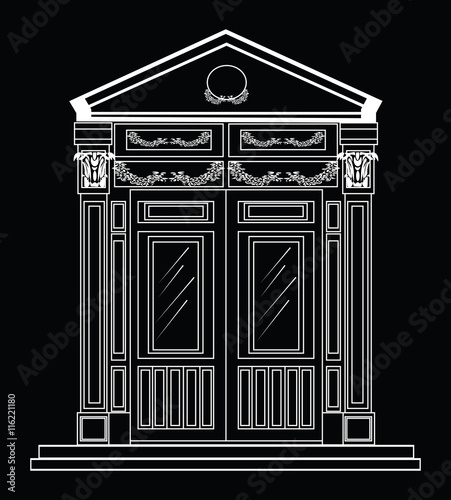 Entrance in classic style. Vector architectural facade. Wire frame blueprint drawing of classic building. Vector architectural template background