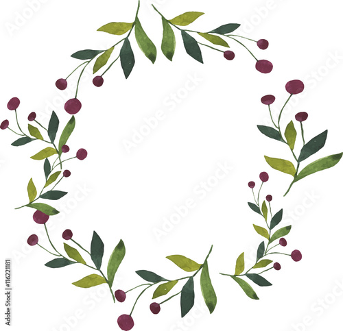 Circle of branches with green leaves and berries drawn by watercolor. Hand drawn vector illustration.