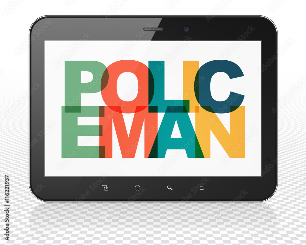 Law concept: Tablet Pc Computer with Policeman on display Law concept: Tablet Pc Computer with Policeman on display