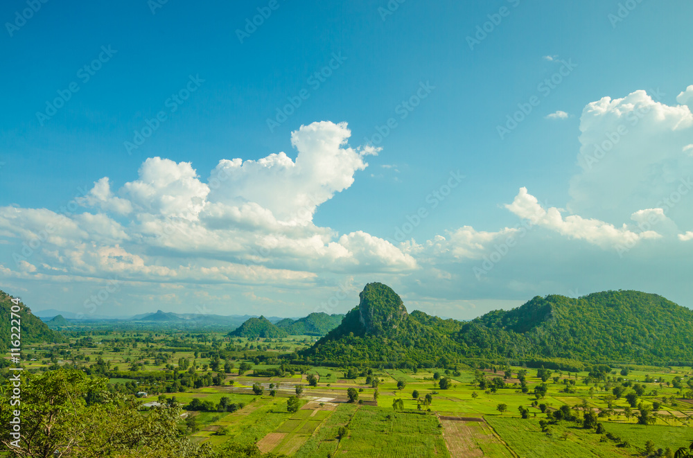 rice field and mountain with blue sky in Thailand
