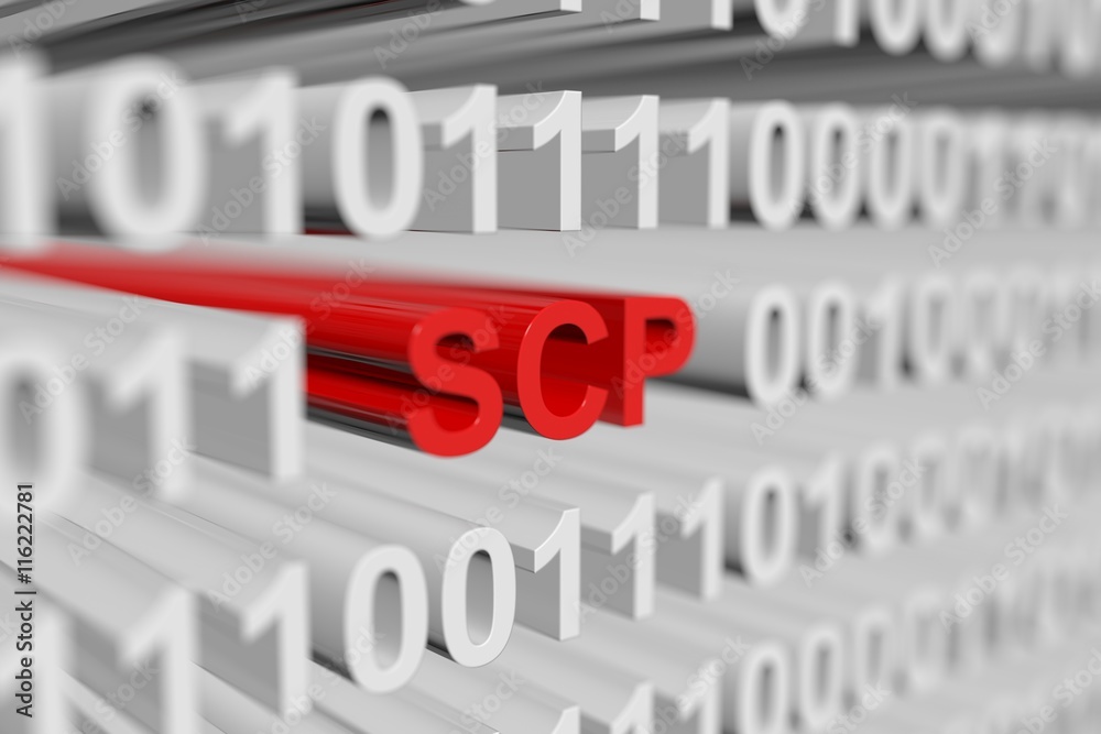 SCP as a binary code with blurred background 3D illustration