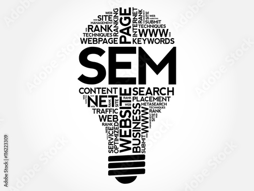 SEM (Search Engine Marketing) bulb word cloud collage, business concept background