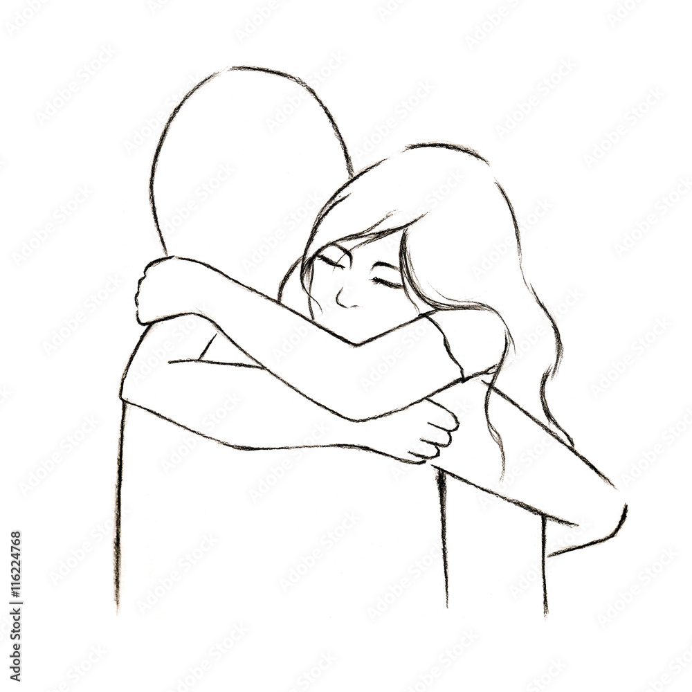 Hug women and someone in line art drawing illustration; love and secure ...