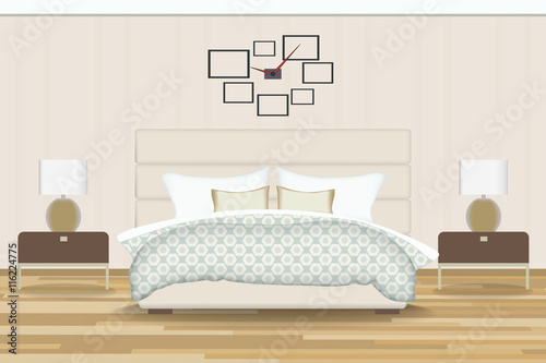 Bedroom Illustration. Elevation Room with Bed, Side Table, Lamp, Window and Curtains. Furniture for Your Interior Design .