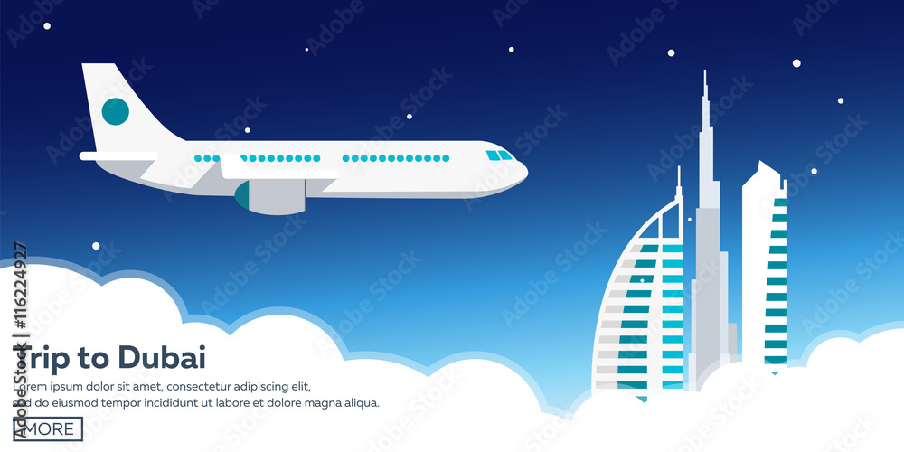 Trip to Dubai, UAE. Tourism. Travelling illustration. Modern flat design. Travel by airplane, vacation, adventure, trip.