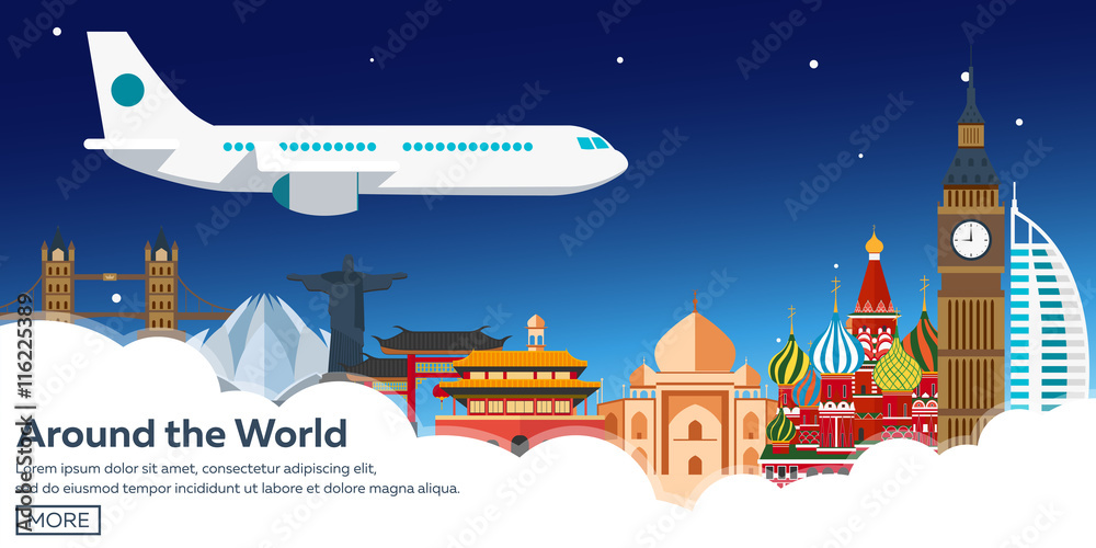 Around the World. Tourism. Travelling illustration. Modern flat design. Travel by airplane, vacation, adventure, trip.