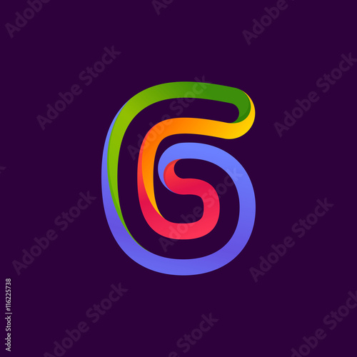 Number six logo formed by colorful neon line.