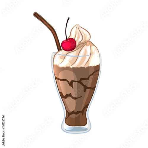 Chocolate milkshake in a glass beaker. Isolated object on a white background. Vector illustration.
