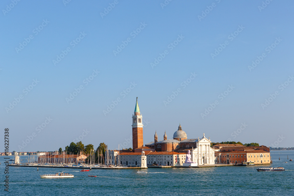 Panoramic aerial view at San Giorgio Maggiore island, Venice, Veneto, Italy