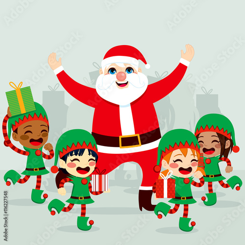 Santa Claus with little helper elves dancing around and preparing gifts to deliver on Christmas day