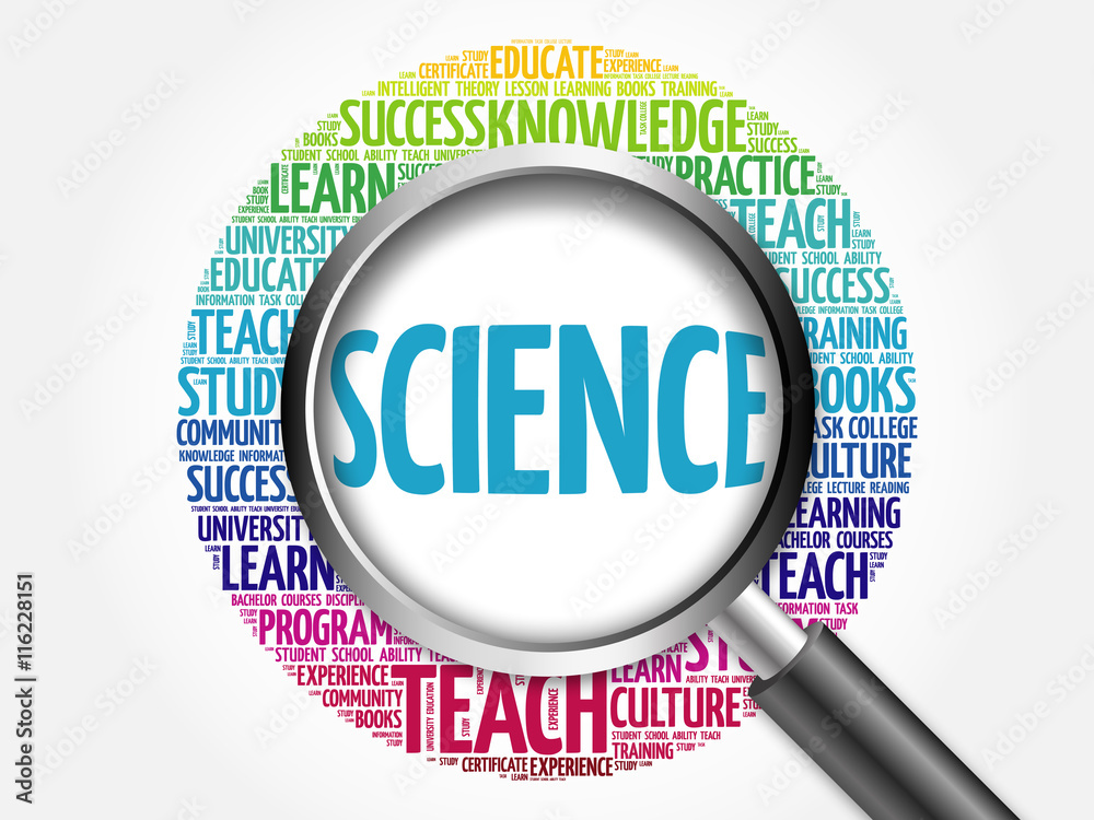 SCIENCE word cloud with magnifying glass, concept 3D illustration SCIENCE word cloud with magnifying glass, concept 3D illustration