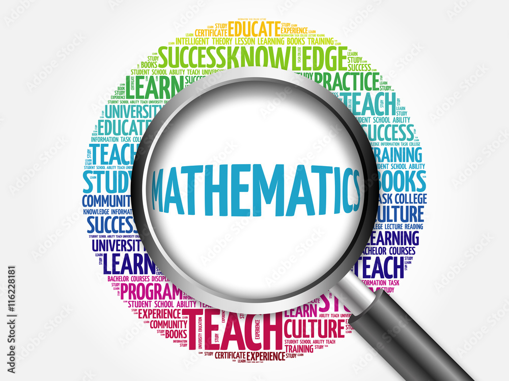 Mathematics word cloud with magnifying glass, concept 3D illustration Mathematics word cloud with magnifying glass, concept 3D illustration