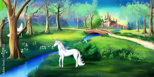 White Unicorn in a Magic Forest Near a Fairy Tale  Castle