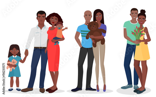 Black people family couple set. Man and woman.