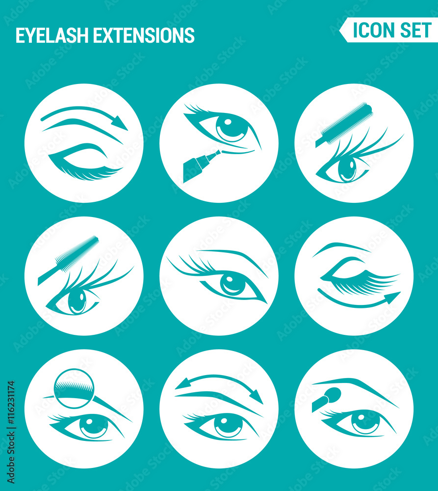 Vector set web icons. Eyelash extensions, eyes, mascara, eye shadow, eyebrow, eyeliner, increasing the volume of eyelashes. Design of signs, symbols on a turquoise background Vector set web icons. Eyelash extensions, eyes, mascara, eye shadow, eyebrow, eyeliner, increasing the volume of eyelashes. Design of signs, symbols on a turquoise background