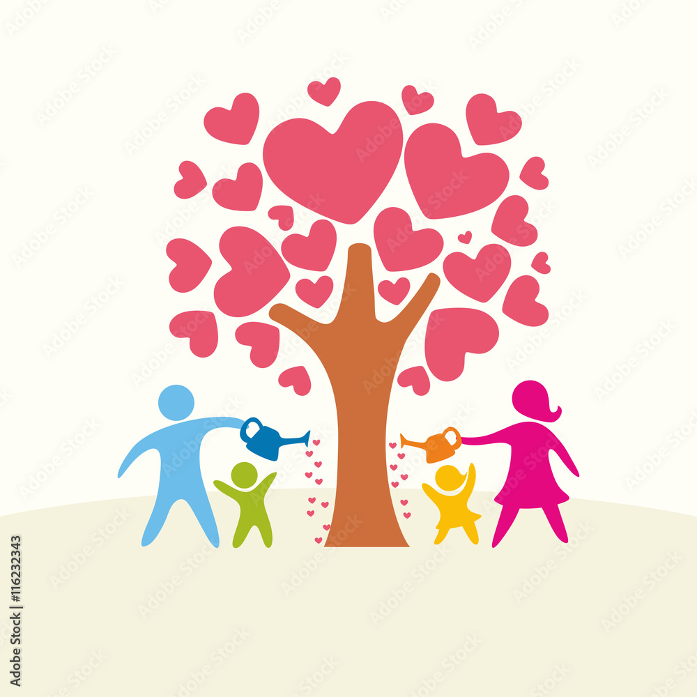 A happy family. Multicolored figures, loving family members. Family watering the tree of love. A happy family. Multicolored figures, loving family members. Family watering the tree of love.