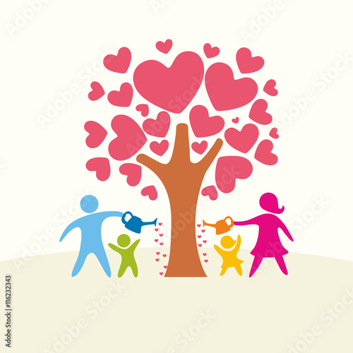 A happy family. Multicolored figures  loving family members. Family watering the tree of love.
