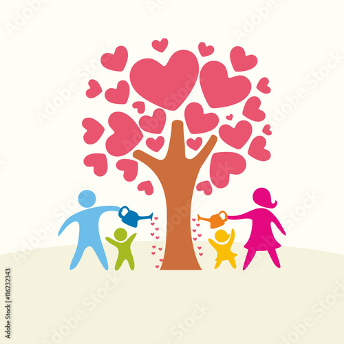 A happy family. Multicolored figures, loving family members. Family watering the tree of love.