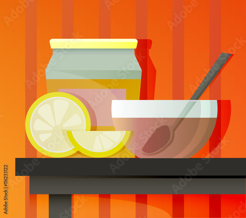Warm still life with a cup of tea and lemon jam
