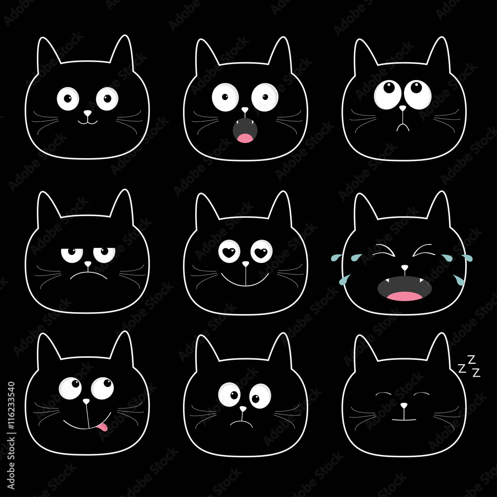 Cute black cat head set. Funny cartoon characters. Different emotions faces collection. Expression face icons Crying, happy, smiling, snoring, sad, angry kitten. Cat feelings White background.  Flat