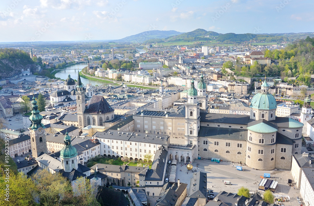  panoramic view of the historic cty of Salzburg with Salzach riv