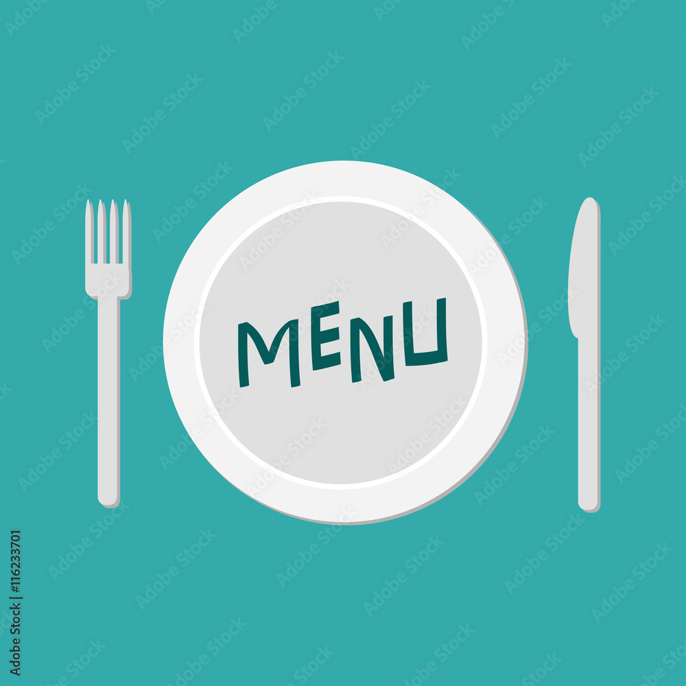 Plate with fork, knife and chefs hat. Restaurant food dish. Menu card. Flat material design style. Green background. Plate with fork, knife and chefs hat. Restaurant food dish. Menu card. Flat material design style. Green background.