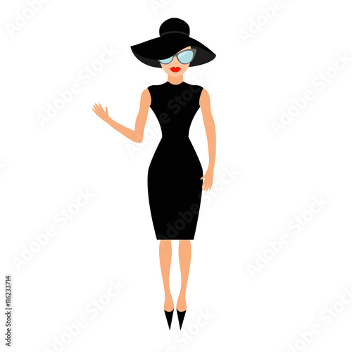 Woman in black elegant hat and sunglasses waving. Rich and beautiful celebrity girl. Beauty fashion model face red lips. People collection Cute cartoon character Flat White background Isolated