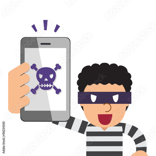 Cartoon thief holding smartphone with skull icon