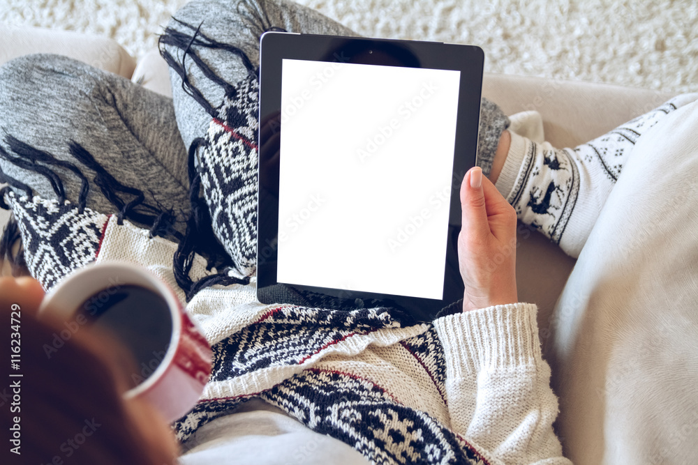 Woman In Home Cozy Clothes Sitting On A Sofa Using A Tablet And A Red Cup Of Coffee In Her Hands Online Education Concept E Learning Top View Stock Photo Adobe Stock