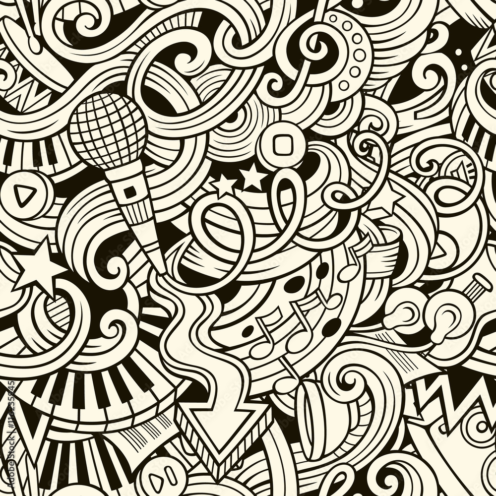 Cartoon hand-drawn doodles music seamless pattern