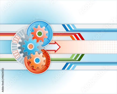 Abstract background for industry, machinery with colorful gears on geometric drawing