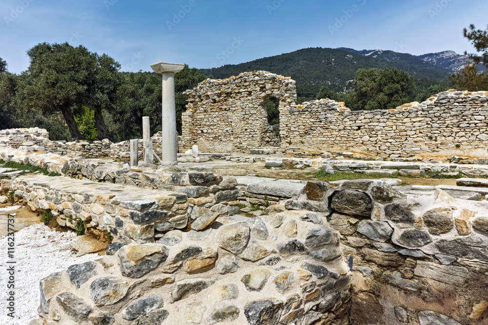 Panorama to Ruins of ancient church in Archaeological site of Aliki, Thassos island,  East Macedonia and Thrace, Greece
