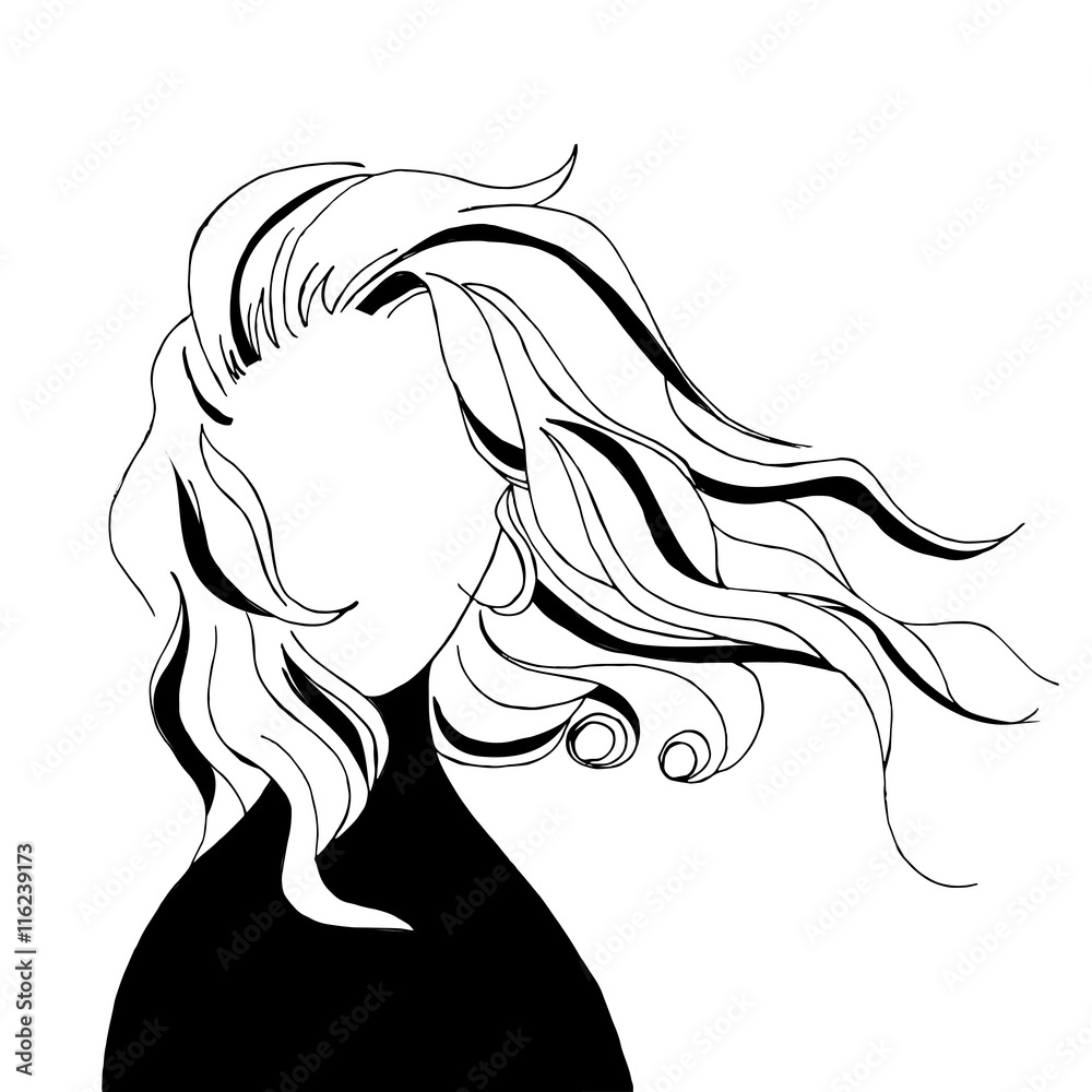 Abstract women long hair line art illustration in black and white color Stock Illustration