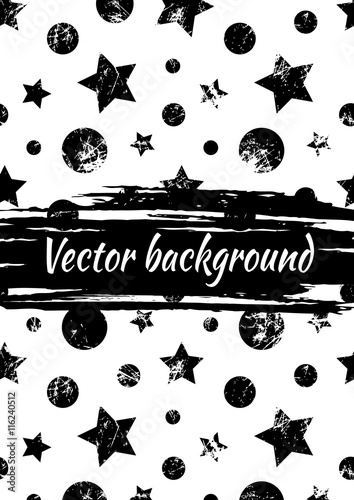 Vector black and white drawn background with geometrical figures, stars, circles and brush stroke. Grunge creative artistic template for greeting card, layout, cover. Rainbow colors