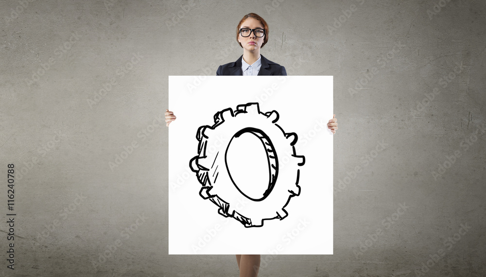 Fototapeta premium Woman with white banner . Mixed media