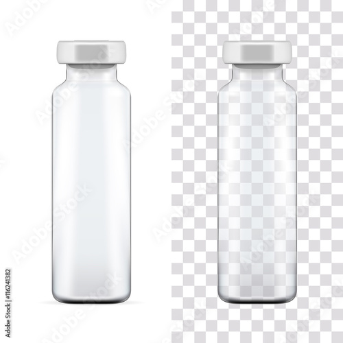 Template of transparent glass medical ampoule with aluminium cap. Packaging collection. Vector illustration.